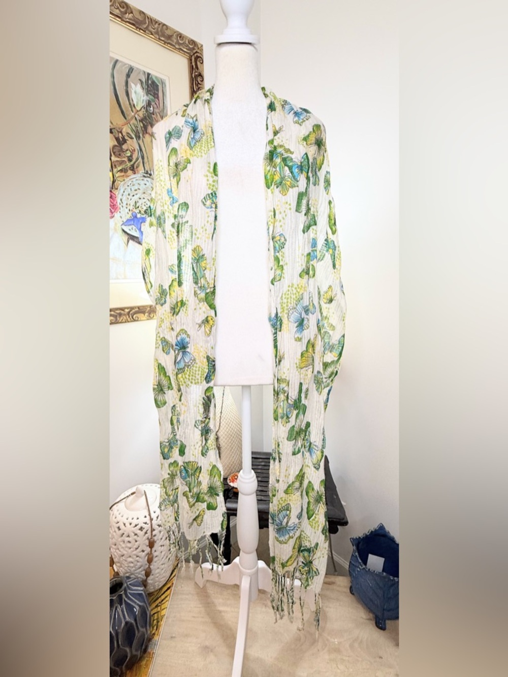 Cejan Dine Butterfly Scarf Wrap Shawl Green Blue Fringe Viscose